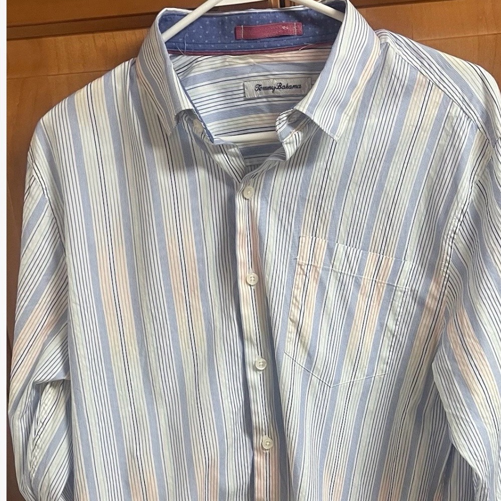 Tommy Bahama Men’s Medium Long Sleeve Flip Cuffs Cotton/Silk Blend Striped Shirt